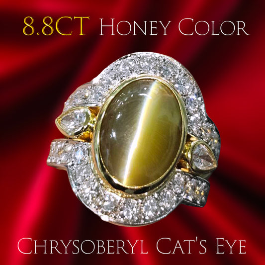 최고급 허니컬러] 8.8ct 천연 크리소베릴 캣츠아이 2.00ct 다이아몬드 Pt900 K18 콤비 반지
