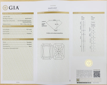 3.01CT D完美的2EX type2a天然钻石 裸钻 矩形切割 裸钻[带GIA证书]