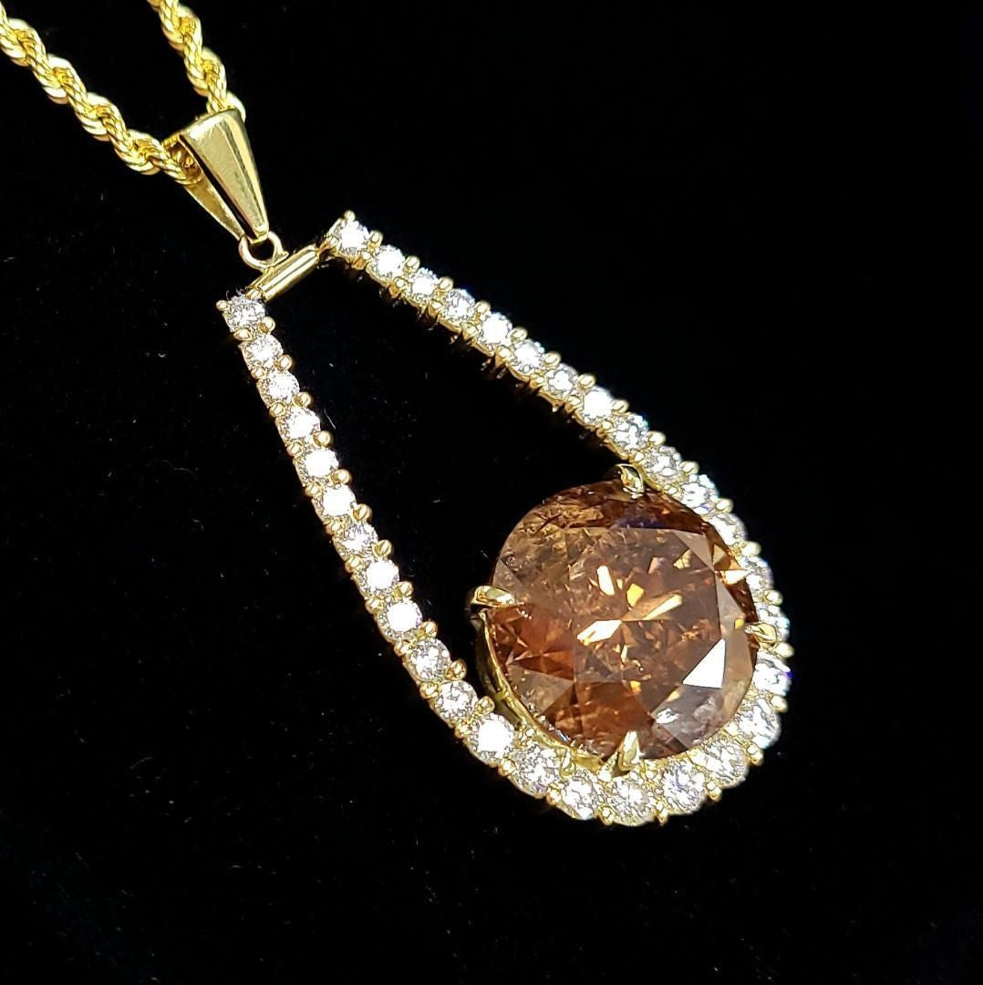 【圧巻の11ct】 天然 コニャック ブラウンダイヤモンド 11.004ct 脇石1.8ct K18YG ペンダント ネックレス 【鑑別書付】