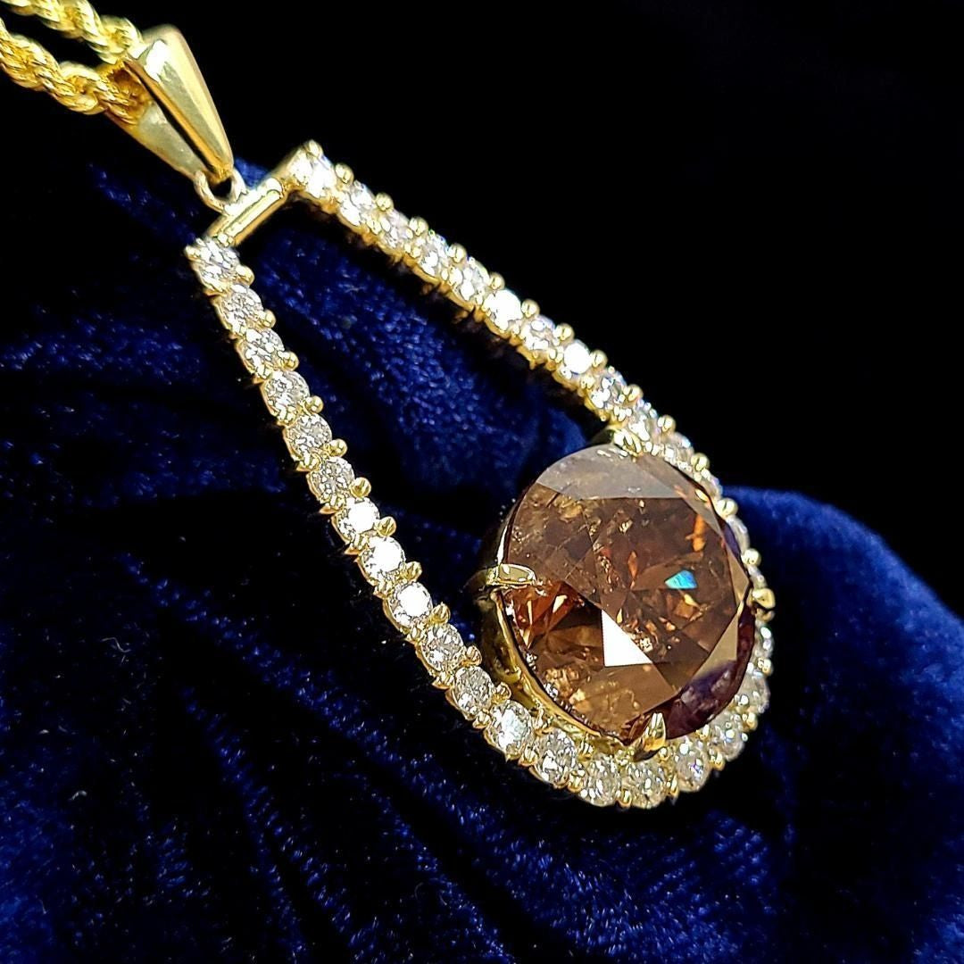 【圧巻の11ct】 天然 コニャック ブラウンダイヤモンド 11.004ct 脇石1.8ct K18YG ペンダント ネックレス 【鑑別書付】