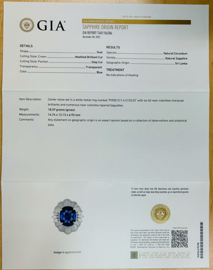 Sri Lankan royal blue unheated sapphire 11.412ct natural diamond 3.02ct platinum Pt900 ring with GIA certificate