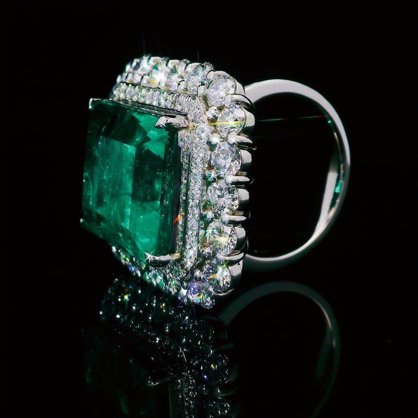 ノンオイル コロンビア産 20.32ct 天然エメラルド 3.87ct 天然ダイヤモンド プラチナ Pt900 リング 指輪【GRS鑑別書付】