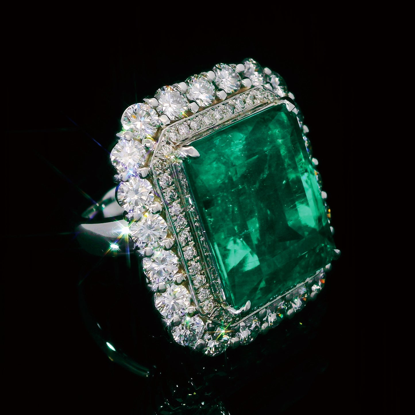 ノンオイル コロンビア産 20.32ct 天然エメラルド 3.87ct 天然ダイヤモンド プラチナ Pt900 リング 指輪【GRS鑑別書付】