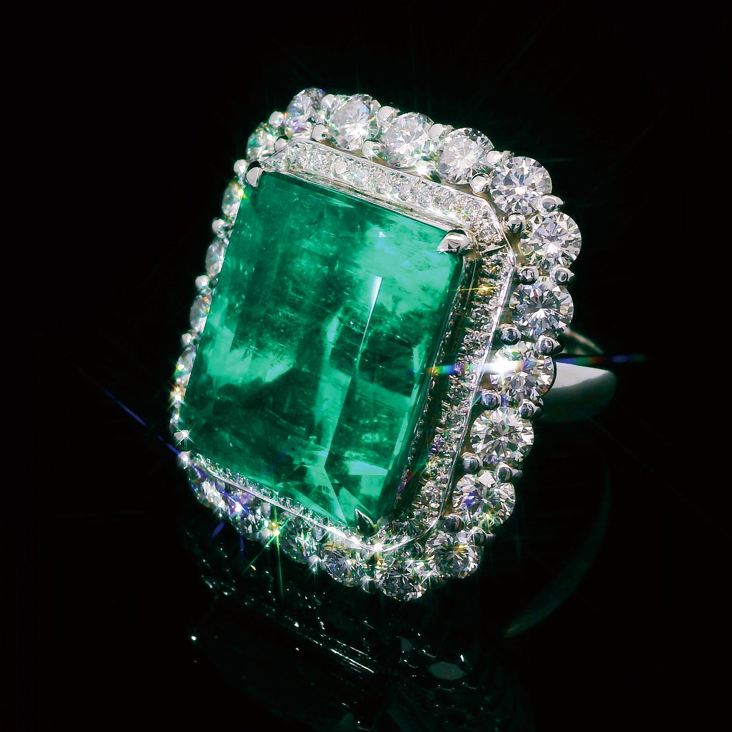 ノンオイル コロンビア産 20.32ct 天然エメラルド 3.87ct 天然ダイヤモンド プラチナ Pt900 リング 指輪【GRS鑑別書付】