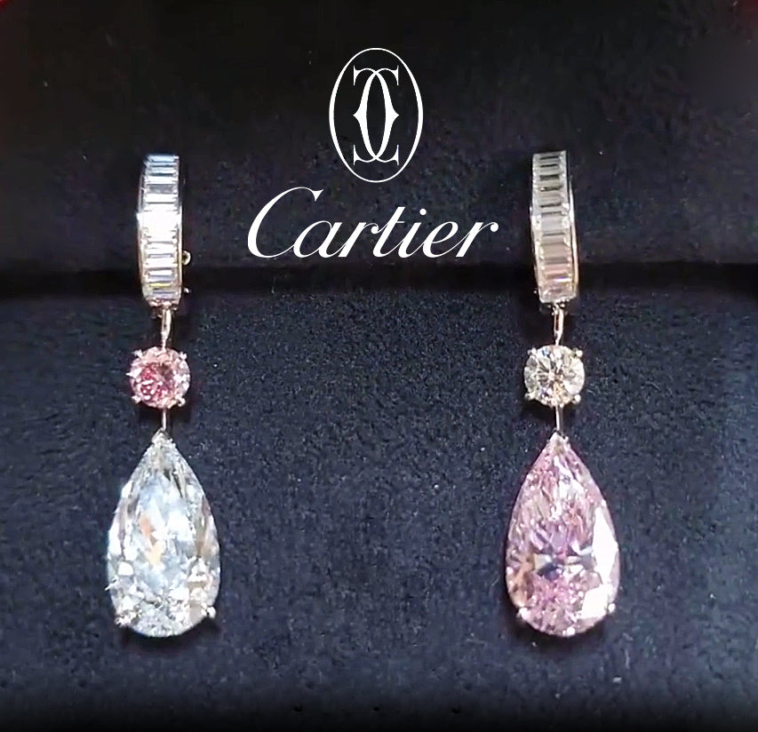 Cartier] 6.32ct Fancy Intense Pink Natural Pink Diamond and 6.03ct D Color IF 2EX Natural Diamond K18 WG White Gold Earrings with GIA Certificate