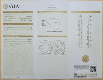 究極の美！1.02ct D FL ２EX 天然ダイヤモンド クッションカット ルース 【 GIA 鑑定書付 】