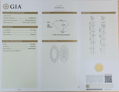 純粋無垢！絶美！1.01ct D FL ２EX 天然ダイヤモンド マーキスカット ルース 【 GIA 鑑定書付 】