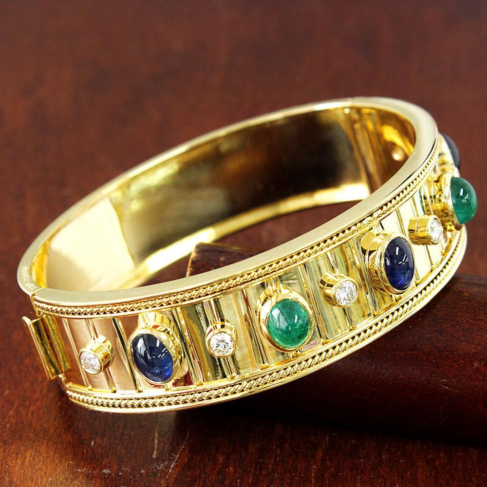 A gorgeous colorful competition! Natural sapphires, emeralds and diamonds 18k gold K18 YG yellow gold bangle identification reportWith