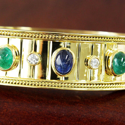 A gorgeous colorful competition! Natural sapphires, emeralds and diamonds 18k gold K18 YG yellow gold bangle identification reportWith