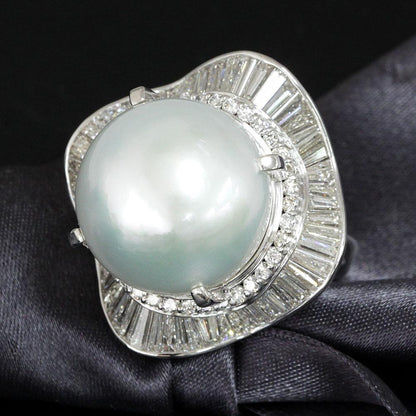 Gorgeous! Super large 17mm white butterfly pearl, natural diamonds, platinum, Pt900, pearl ring, ringidentification reportWith