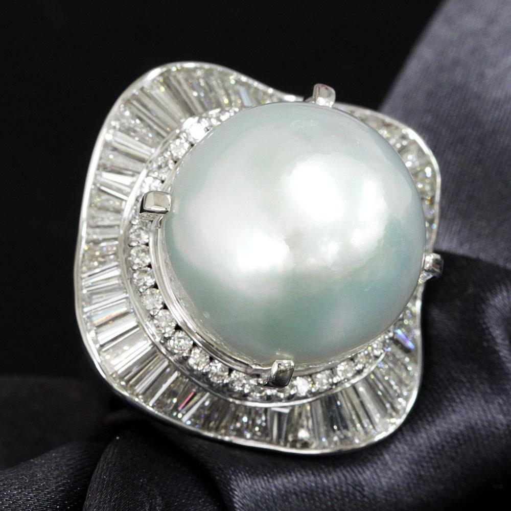 Gorgeous! Super large 17mm white butterfly pearl, natural diamonds, platinum, Pt900, pearl ring, ringidentification reportWith