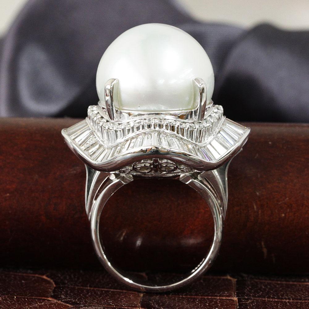 Gorgeous! Super large 17mm white butterfly pearl, natural diamonds, platinum, Pt900, pearl ring, ringidentification reportWith