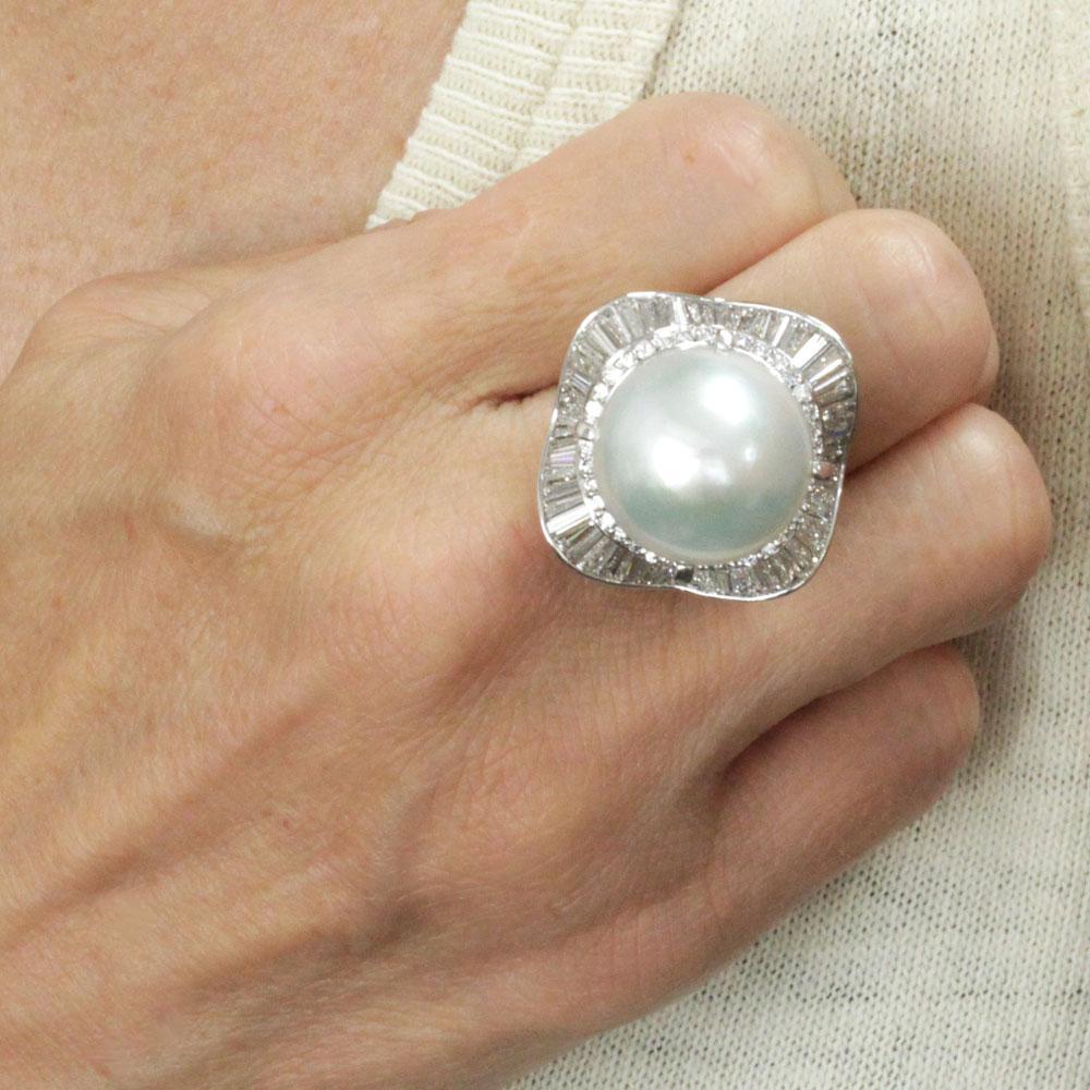 Gorgeous! Super large 17mm white butterfly pearl, natural diamonds, platinum, Pt900, pearl ring, ringidentification reportWith