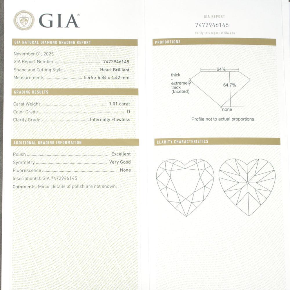 세계 최고 품질! GIA D IF EX 1ct 천연 다이아몬드 총 0.71ct 천연 다이아몬드 Pt950 하트 링【GIA 감정서 첨부】.