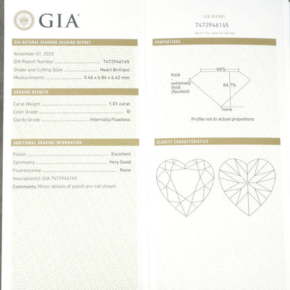 세계 최고 품질! GIA D IF EX 1ct 천연 다이아몬드 총 0.71ct 천연 다이아몬드 Pt950 하트 링【GIA 감정서 첨부】.