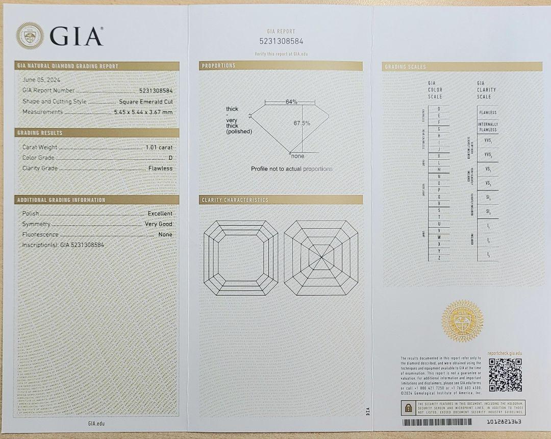 World's highest quality!  1.01ct D Color FL 2EX Natural Diamond Asscher Cut looseGIA Certificate of Authenticity