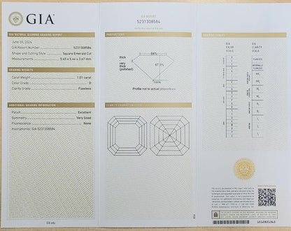 World's highest quality!  1.01ct D Color FL 2EX Natural Diamond Asscher Cut looseGIA Certificate of Authenticity