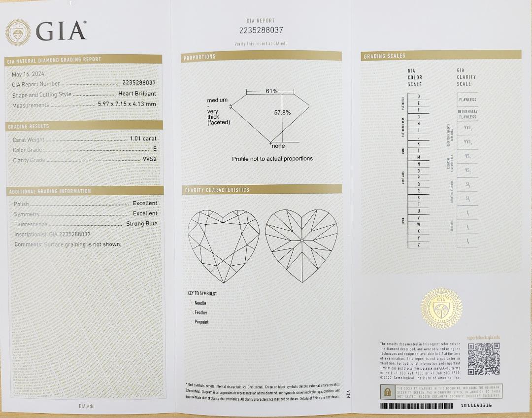 궁극의 아름다움! 1ct E VVS2 2EX 하트 천연 다이아몬드 루스 [GIA 감정서 포함].