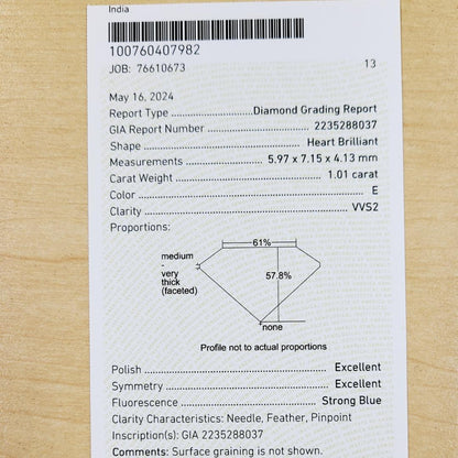 极致之美 1ct E VVS2 2EX Heart 天然钻石 裸鑽 附 GIA 证书。