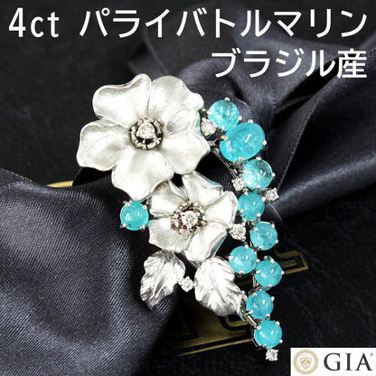 ブラジル産 4.01ct 天然パライバトルマリン 0.26ct 天然ダイヤモンド プラチナ PT900 ブローチ ペンダントトップ 【GIA鑑別書付】