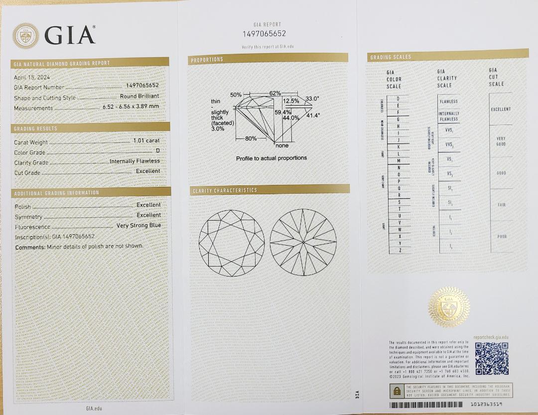 完全精致！ 1.01CT D如果3Ex天然钻石18金K18WG白金环环[GIA评估]