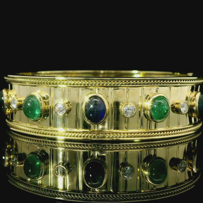 A gorgeous colorful competition! Natural sapphires, emeralds and diamonds 18k gold K18 YG yellow gold bangle identification reportWith