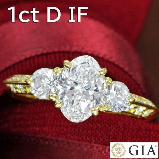 1.01 克拉天然钻石 D IF EX 椭圆形 K18 YG 黄金戒指 [附 GIA 证书]。