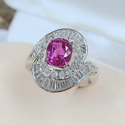 Ultra Rare 1.7ct Unheated No Heat Natural Pink Sapphire 1ct Natural Diamond PT900 Platinum Ring Ring [Certificate of Authenticity with Unheated Analysis].