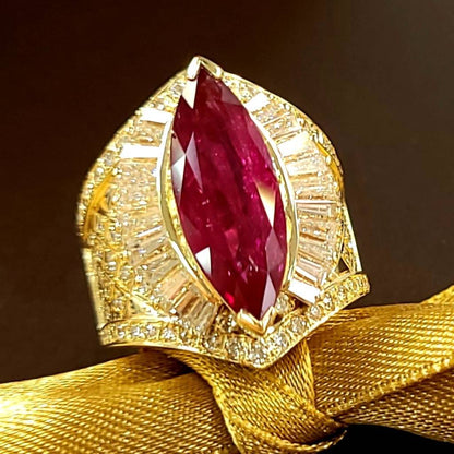 희귀한! 큰 곡물! 7ct Ruby Marques Diamond K18 YG Yellow Gold Ring Ring 7 월 Birthstone 18 Gold [GIA Division Book / Central Jewelry Institute 지정]