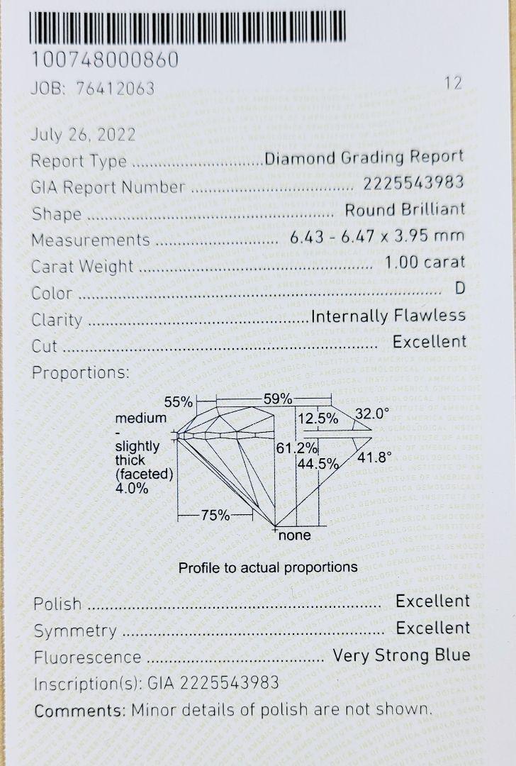 最高品質！ 1ct ダイヤモンド D IF 3EX K18 WG ホワイトゴールド リング 指輪 4月の誕生石 18金【GIA鑑定書付】