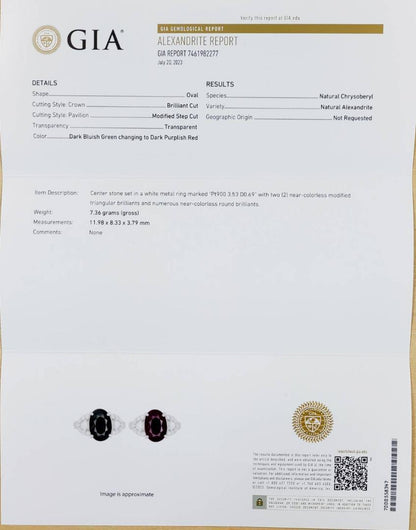 Color drastically changed! Large 3.5ct Natural Alexandrite Natural Diamond Pt900 Platinum Ring Ring with GIA Certificate of Authenticity