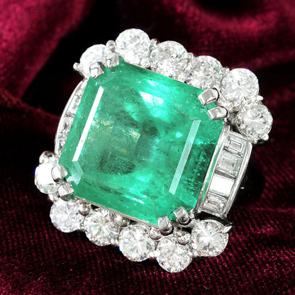 Colombian rare large 23.26ct natural emerald 5.51ct natural diamond Pt900 platinum ring with May birthstone certificate from Central Gem Laboratory