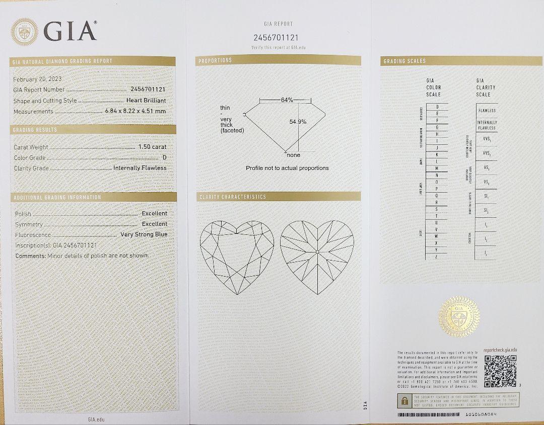 世界最高品質 1.5ct D IF 2EX ハート 天然 ダイヤモンド ルース 【 GIA