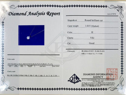 H VS2 Good 1CT 다이아몬드 PT900 플래티넘 1- 점 펜던트 목걸이 4 월 출생석 [인증서 포함]