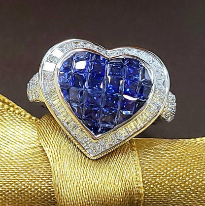 Mystery Setting 2ct Natural Sapphire Princess K18 WG White Gold Heart Ring Rings September Birthstone 18k Gold [Certificate of Authenticity].