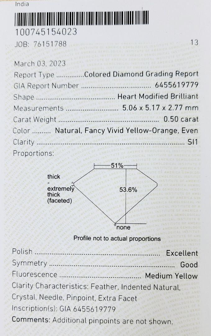 最高級！ GIA 鑑定書付 0.5ct イエロー オレンジ ダイヤモンド ハート ルース 裸石 Fancy Vivid Yellow Orange