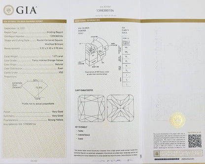 1ct ファンシー インテンス オレンジ イエロー 天然 ダイヤモンド スクエア ルース 裸石 Fancy Intense Orange Yellow GIA 鑑定書付