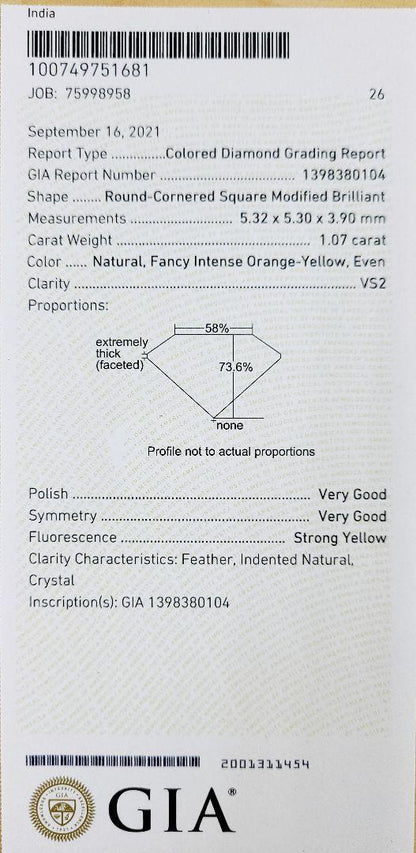 1ct ファンシー インテンス オレンジ イエロー 天然 ダイヤモンド スクエア ルース 裸石 Fancy Intense Orange Yellow GIA 鑑定書付