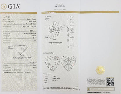 3ct 팬시 강렬한 노란색의 강렬한 강렬한 노란색 천연 다이아몬드 하트 루스 누드 스톤 [gia 평가]