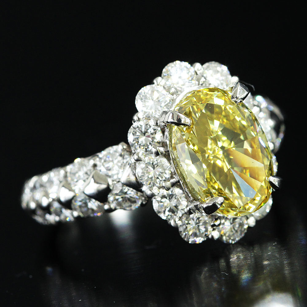 希少 最高品質 Fancy Vivid Yellow 3ct 天然 ダイヤモンド プラチナ Pt900 リング 指輪 【中央宝石研究所鑑定書付】