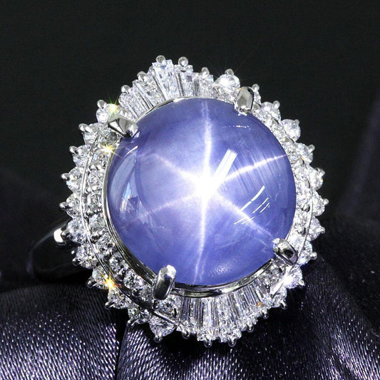高质量的非加热！ 5.98ct星蓝宝石钻石白金PT900蓝宝石戒指九月诞生石
