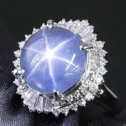 高质量的非加热！ 5.98ct星蓝宝石钻石白金PT900蓝宝石戒指九月诞生石