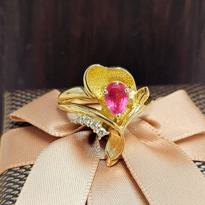 Elegant pink tourmaline and diamonds K18 YG yellow gold ring, 18k gold, October birthstone (with certificate of authenticity)