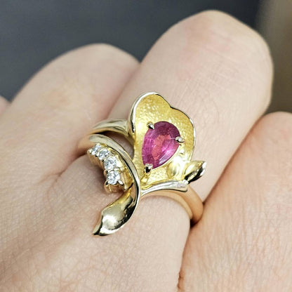 Elegant pink tourmaline and diamonds K18 YG yellow gold ring, 18k gold, October birthstone (with certificate of authenticity)