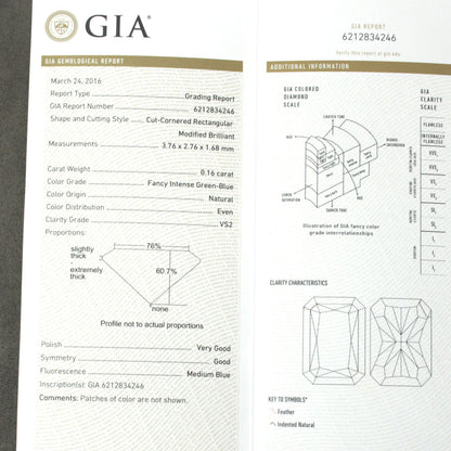 GIA's finest! Fancy Intense Green-Blue 0.16ct Green Blue Diamond Natural Diamond Loose Rectangle [GIA Certificate].
