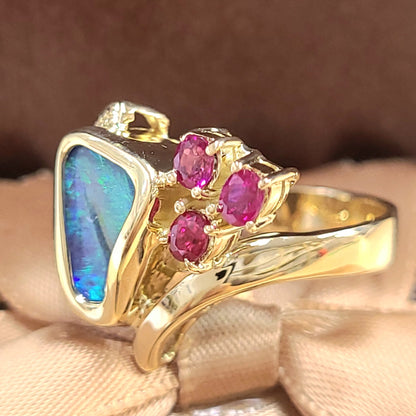 Boulder opal, ruby, diamonds, K18 yellow gold, 18k gold ring, October birthstone (with certificate)