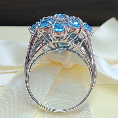 Volume, extravagant brilliance, natural blue topaz diamonds, K14 WG white gold, 14k gold, ring, November birthstone (with certificate).