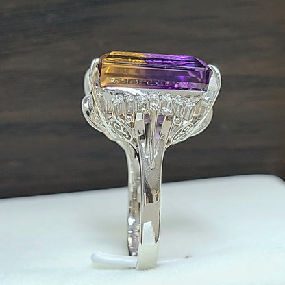 Rare Large 19.32ct Natural Ametrine Diamond Pt900 Platinum Ring with Certificate of Authenticity