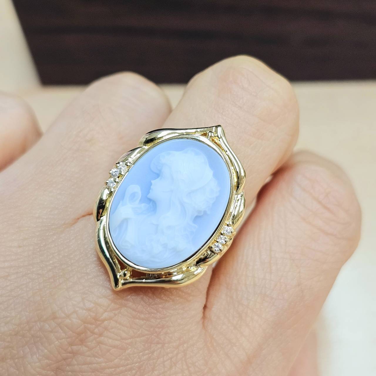 イタリア製 カメオ 天然 アゲート ダイヤモンド K18 YG イエロー