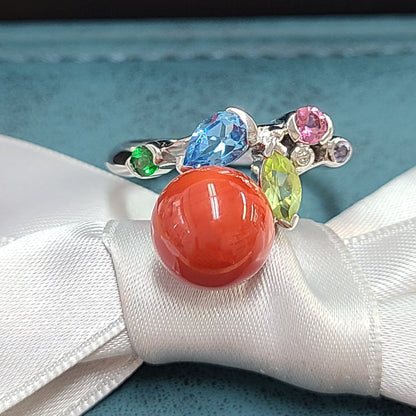 Vibrant Coral Colored Stone Diamond K18 WG White Gold Multicolor Ring Ring March Birthstone with Certificate of Authenticity